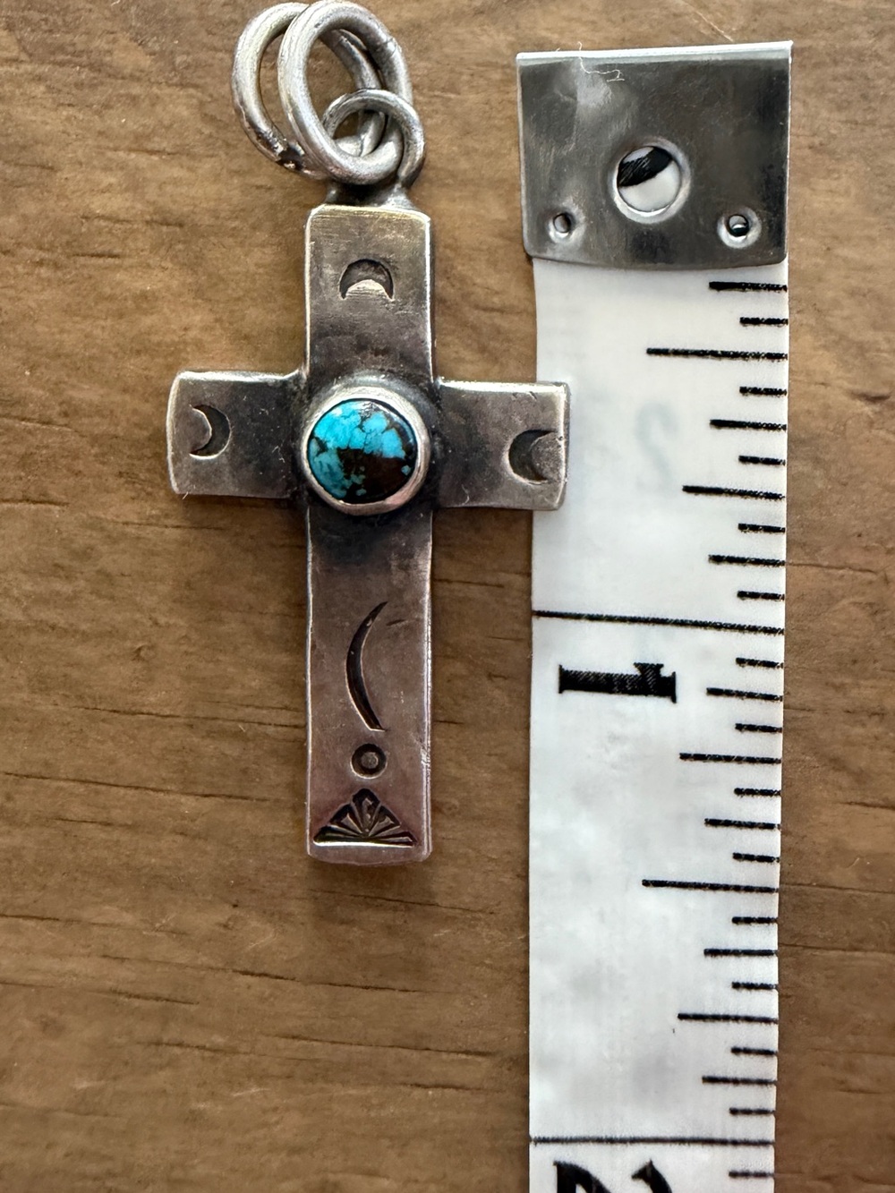 Vintage Native Navajo Handmade Sterling Silver Turquoise Cross Pendant Signed - Picture 2 of 5